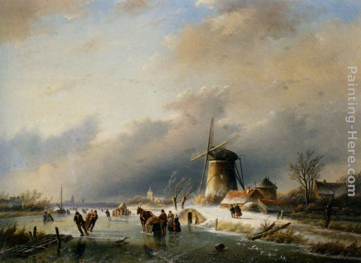 Jan Jacob Coenraad Spohler Figures Skating on a Frozen River